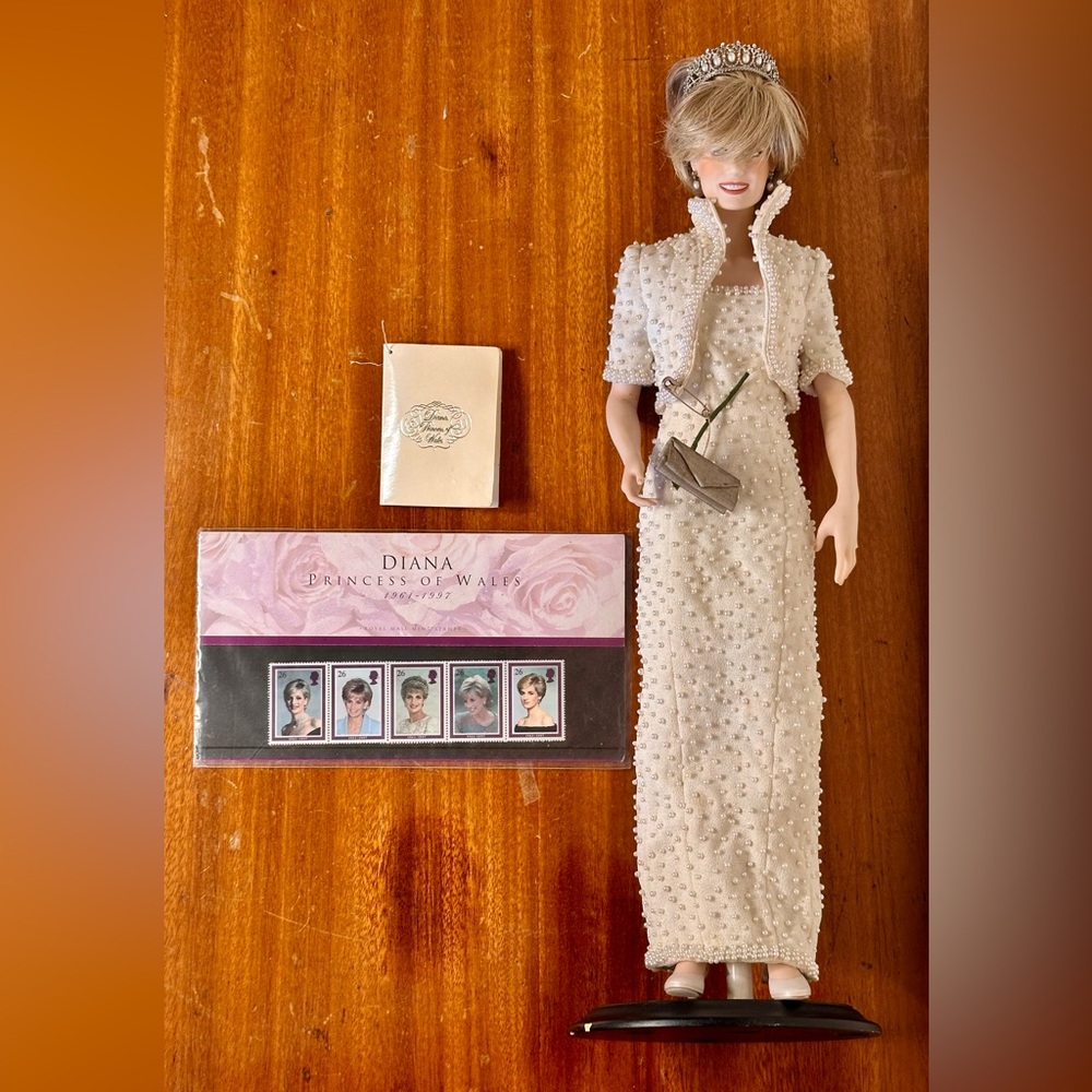 Diana, Princess of Wales Porcelain Doll by Franklin Mint + Commemorative Stamps